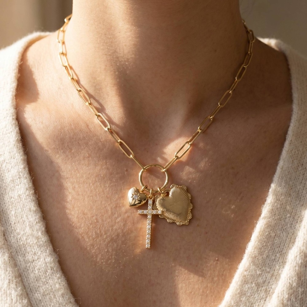 Multi-Charm Heart & Cross Paperclip Chain Necklace