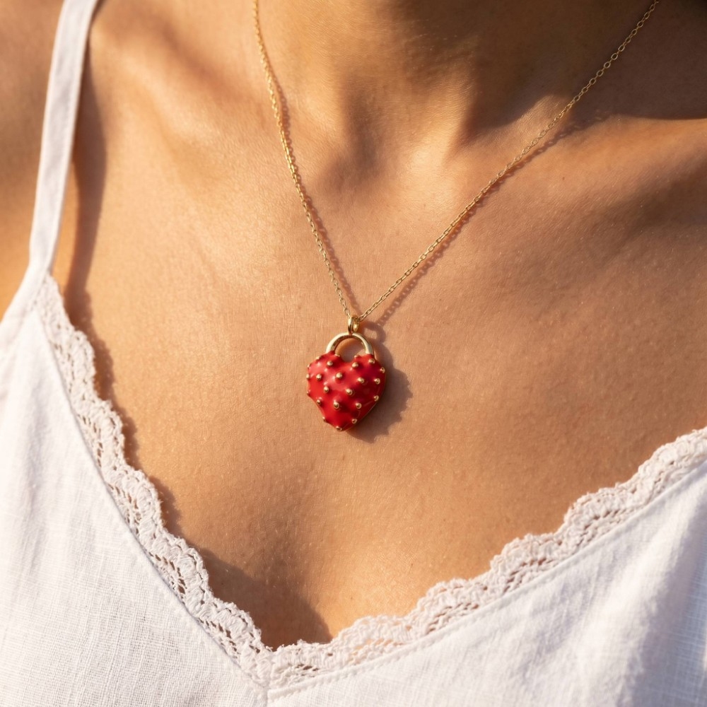 Red Enamel Studded Heart Padlock Pendant Necklace