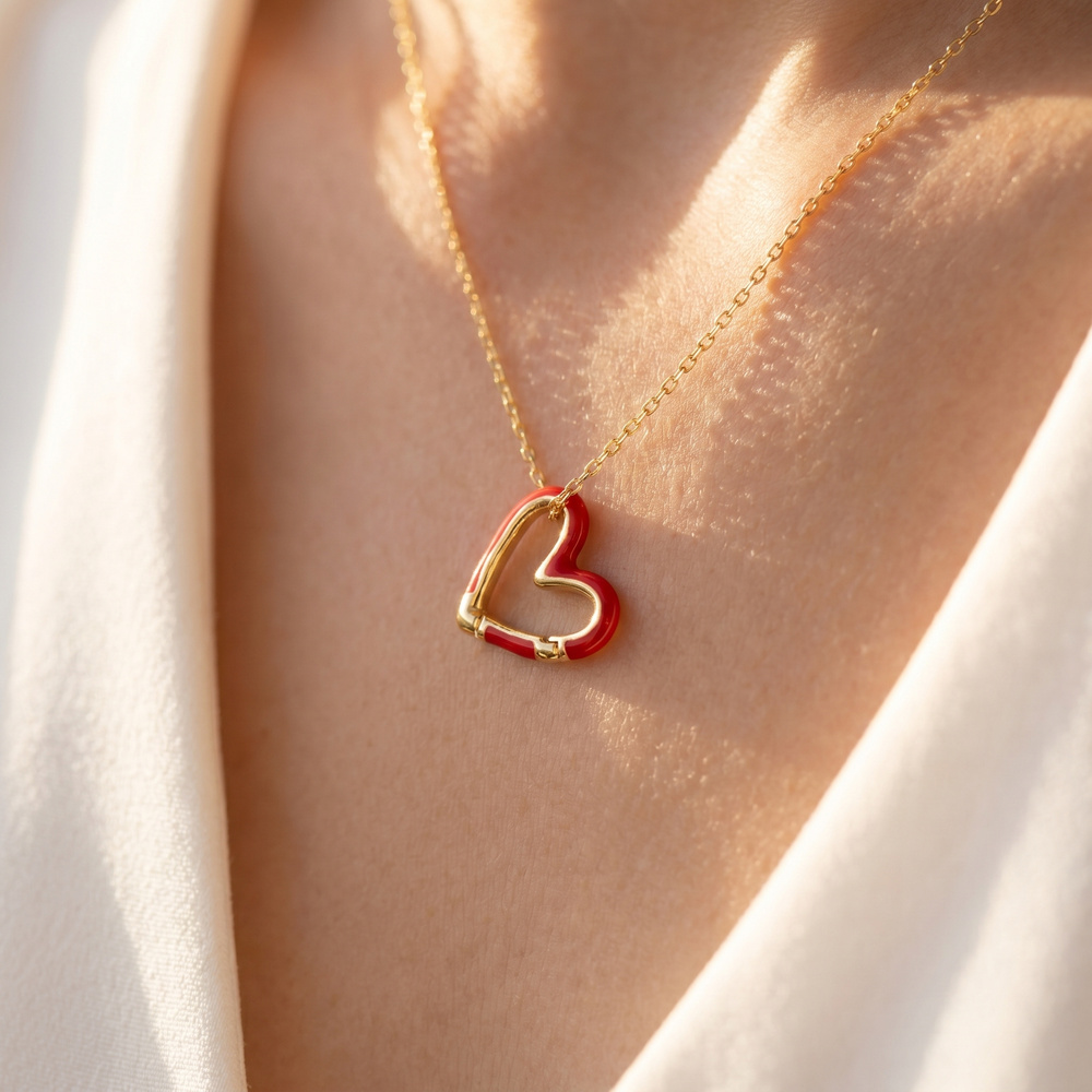 Gold Dipped Enamel Open Heart Pendant Necklace