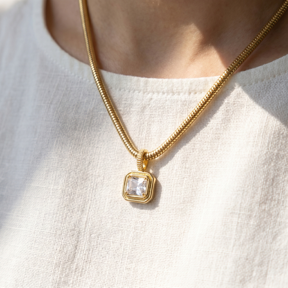 Step Cut Cz Bezel Herringbone Pendant Necklace