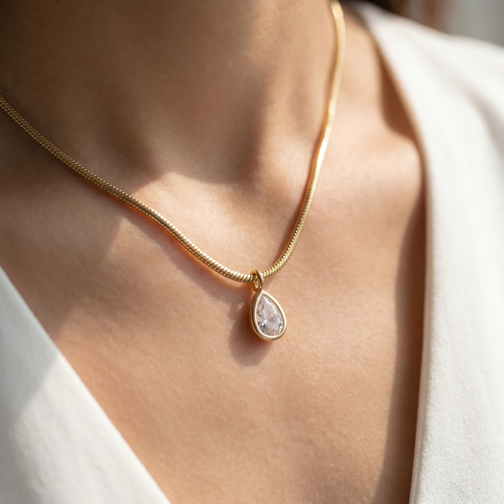 Herringbone Chain Pear Bezel Cz Pendant Necklace