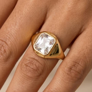 Gold Dipped Emerald Cut Bezel Cz Signet Ring