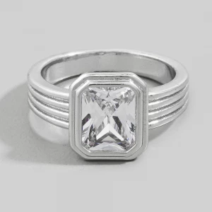Triple Ridge Band Emerald Cut Bezel Cz Ring