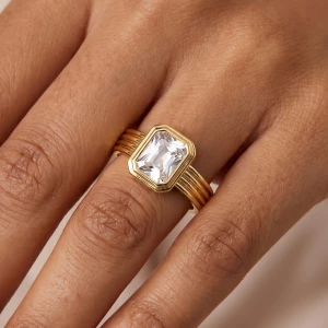 Triple Ridge Band Emerald Cut Bezel Cz Ring