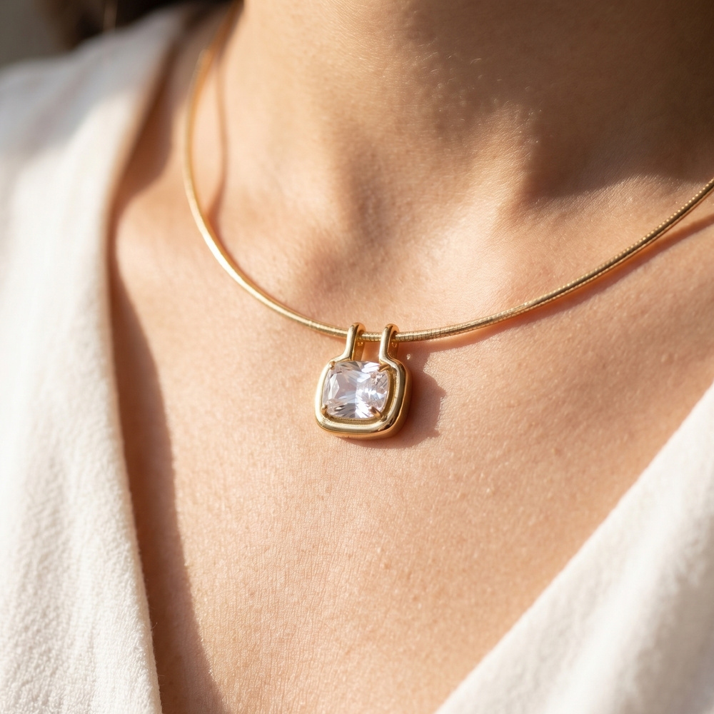 Gold Dipped Slim Herringbone Cushion Cz Necklace