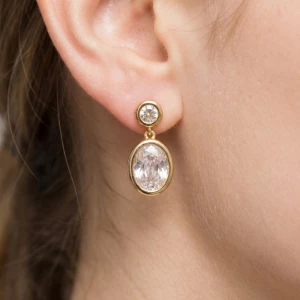 Gold Dipped Round And Oval Bezel Cz Drop Earrings