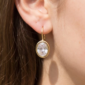 Gold Dipped Large Oval Bezel Cz Wire Drop Earrings