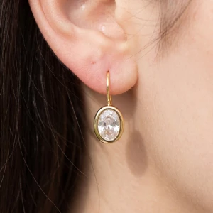 Gold Dipped Medium Oval Bezel Cz Wire Drop Earrings