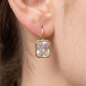 Gold Dipped Radiant Cut Bezel Cz Dangle Earrings