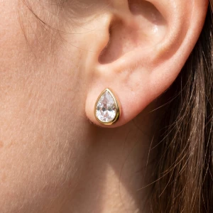 Gold Dipped Medium Teardrop Bezel Cz Stud Earrings