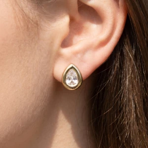 Gold Dipped Large Pear Cz Bezel Stud Earrings