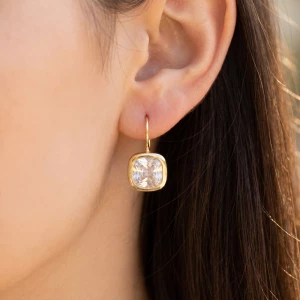 Gold Dipped Large Cushion Bezel Cz Wire Drop Earrings
