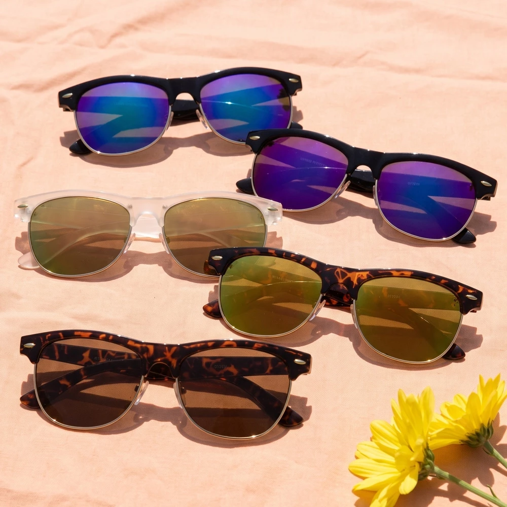 Retro Browline Half Frame Mirror Sunglasses