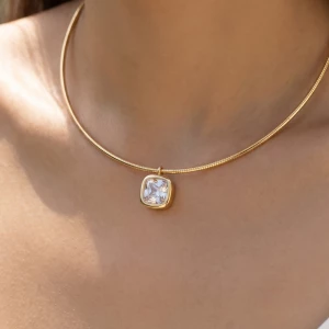 Gold Dipped Cushion Bezel Cz Pendant Snake Chain Necklace