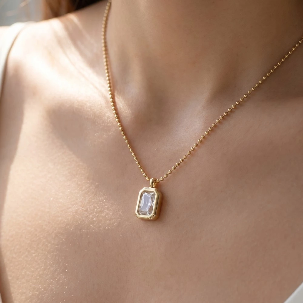 14K Gold Dipped Cz Emerald Cut Pendant Necklace