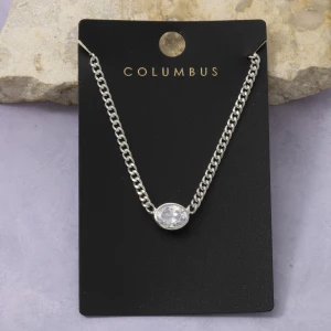 Oval Bezel Cz Curb Chain Pendant Necklace