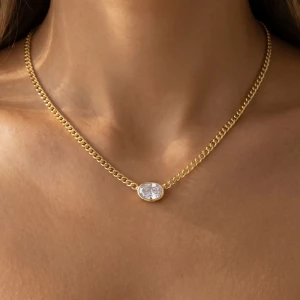 Oval Bezel Cz Curb Chain Pendant Necklace