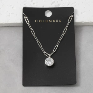 Round Bezel Cz Paperclip Chain Pendant Necklace