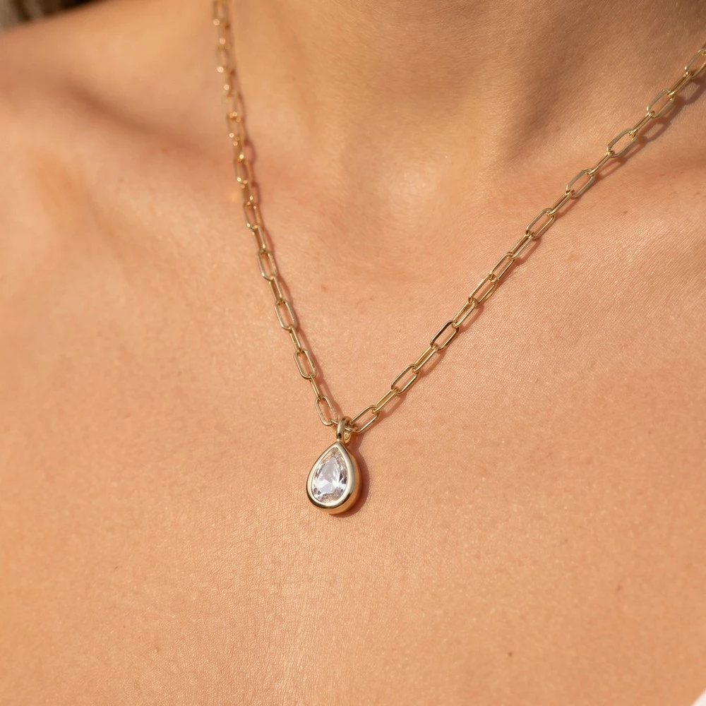 14K Gold Dipped Cz Teardrop Pendant Paperclip Necklace