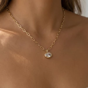 Large Oval Bezel Cz Paperclip Chain Pendant Necklace