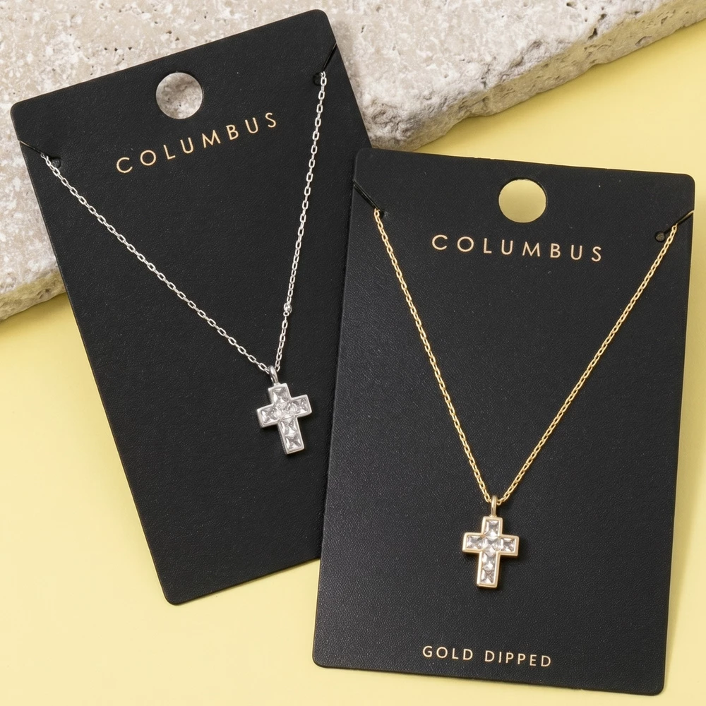 Square Cut Cz Bezel Cross Necklace