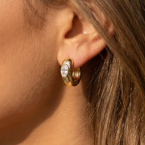 Round Bezel Cz Accent Chunky Huggie Hoop Earrings