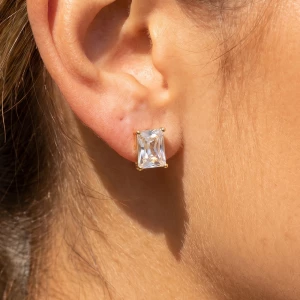 Large Emerald Cut Cz Prong Set Stud Earrings
