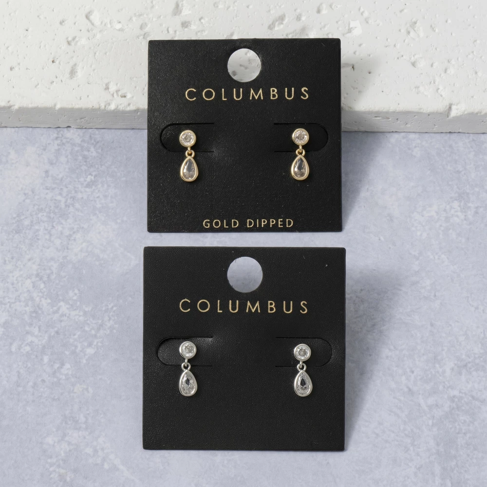 Gold Dipped Bezel Cz Teardrop Drop Earrings