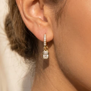 Pave Cz Huggie Hoop With Bezel Cz Charm Earrings