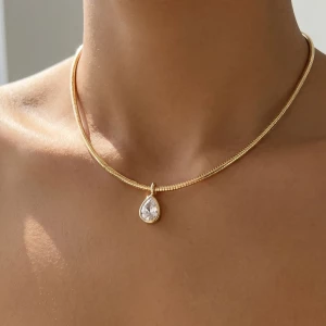 Slim Pear Bezel Cz Snake Chain Pendant Necklace