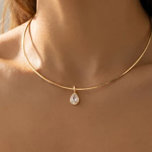 Teardrop Bezel Cz Flat Snake Chain Pendant Necklace