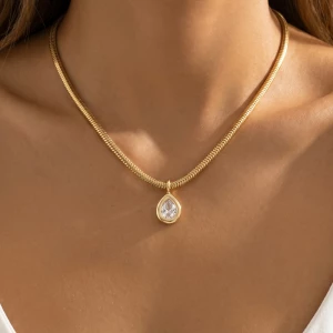 Wide Snake Chain Teardrop Bezel Cz Pendant Necklace