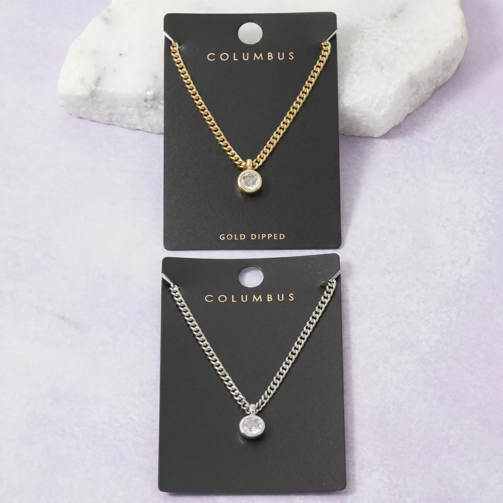 Gold Dipped Round Bezel Cz Curb Chain Necklace