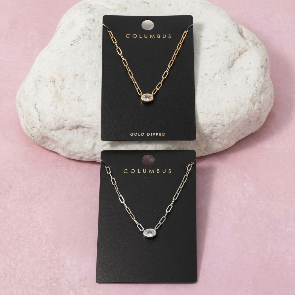 Gold Dipped Oval Bezel Cz Paperclip Necklace