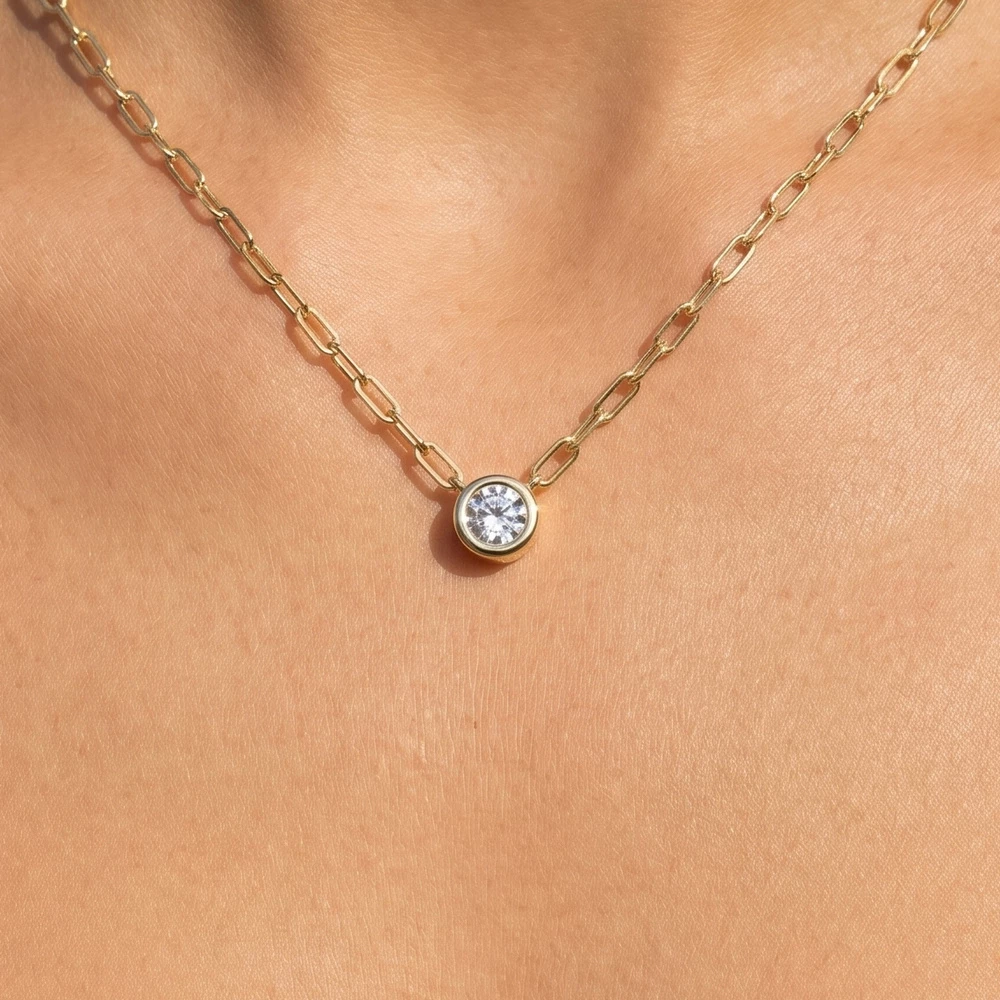 Gold Dipped Round Bezel Cz Paperclip Necklace