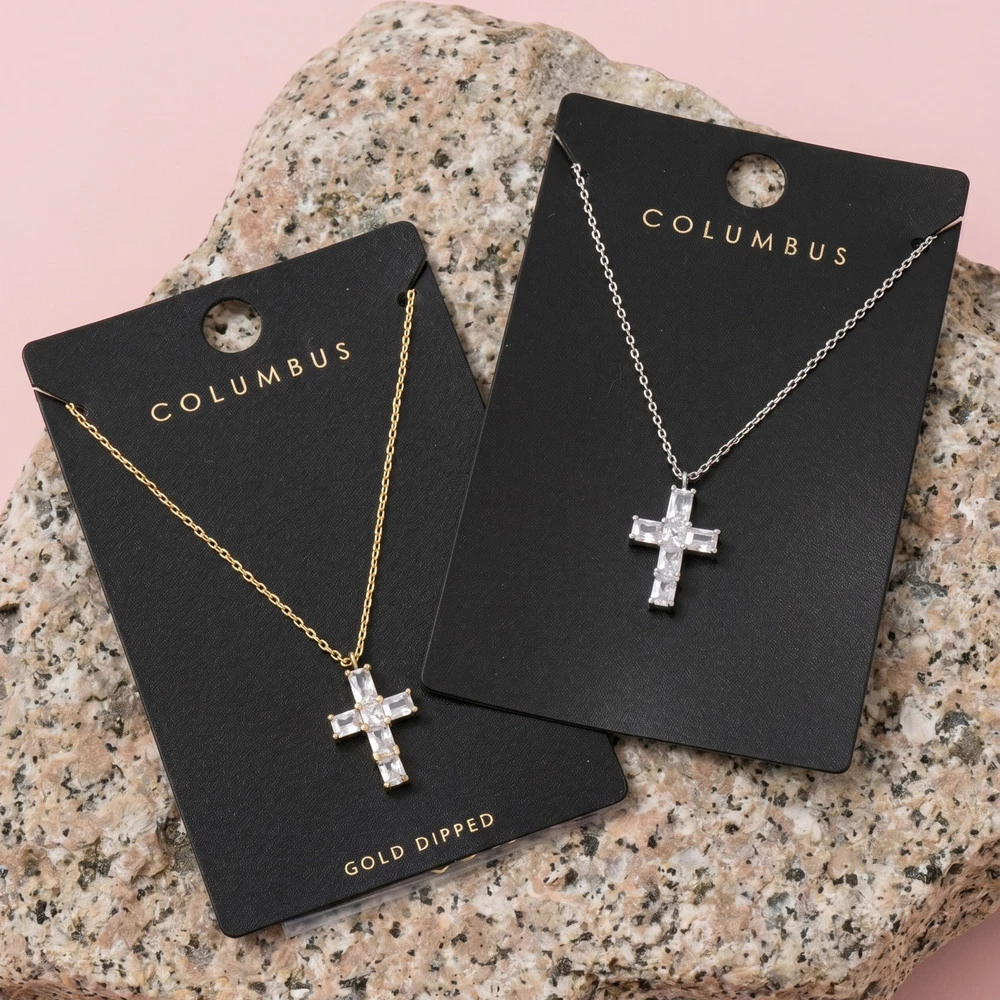 Baguette Cz Cross Pendant Necklace