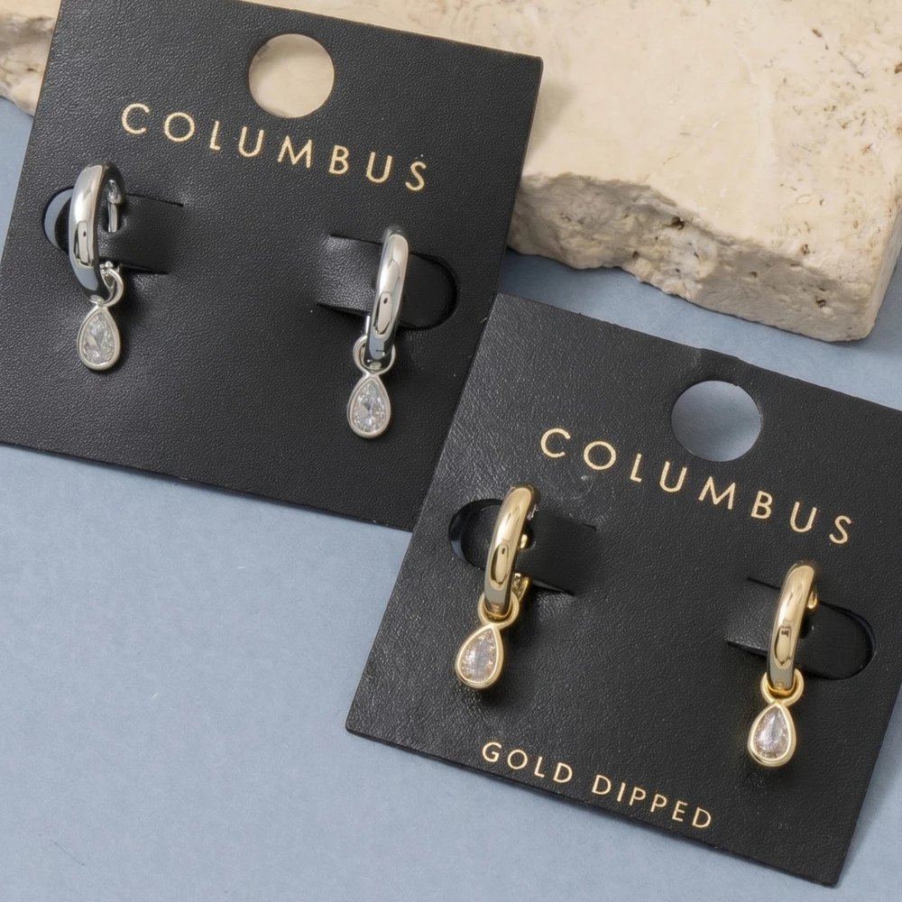 Bezel Hoop Pear Cz Drop Earrings