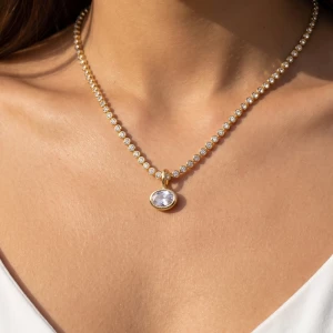 Bezel Cz Tennis Chain Oval Pendant Necklace