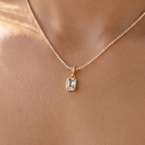 Pave Tennis Chain Rectangle Bezel Cz Pendant Necklace