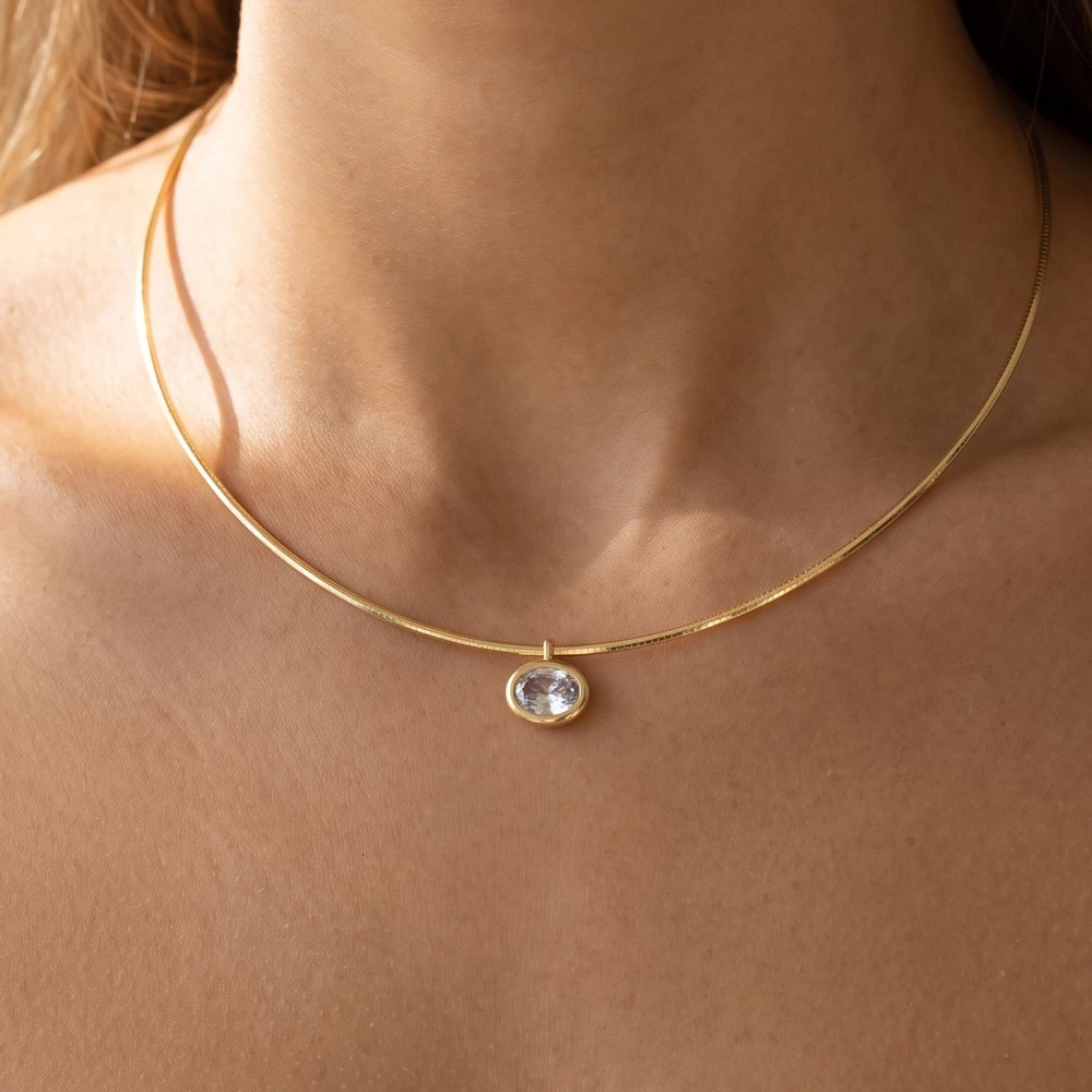 Oval Bezel Cz Pendant Omega Wire Necklace