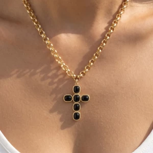 Cabochon Cross Pendant Rolo Chain Necklace