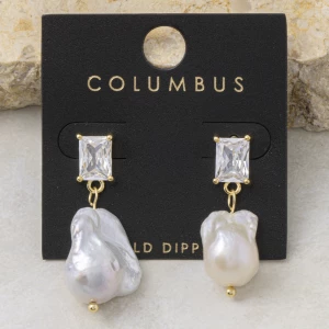 Gold Dipped Cz Baroque Pearl Drop Earrings