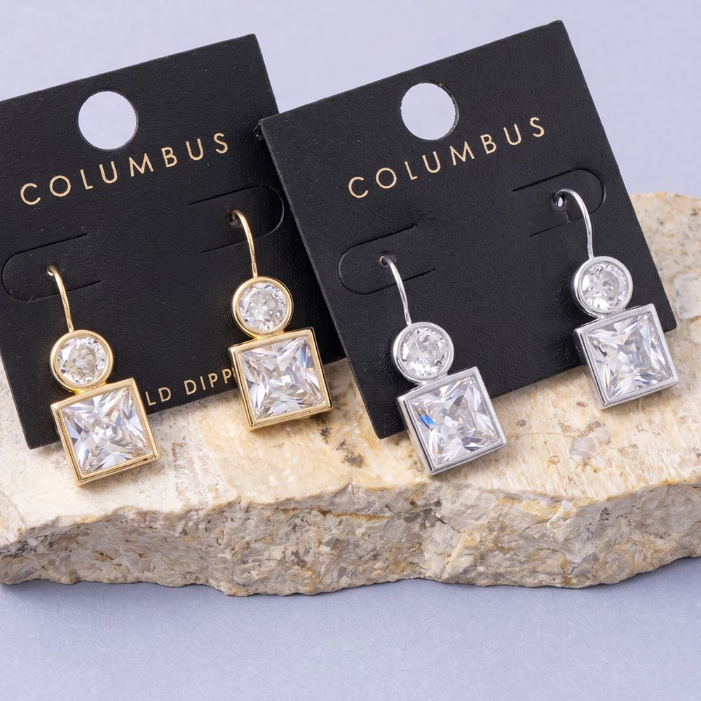 Gold Dipped Princess Cut Bezel Cz Drop Earrings