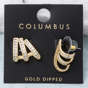 Gold Dipped Triple Baguette Cz Row Hoop Earrings