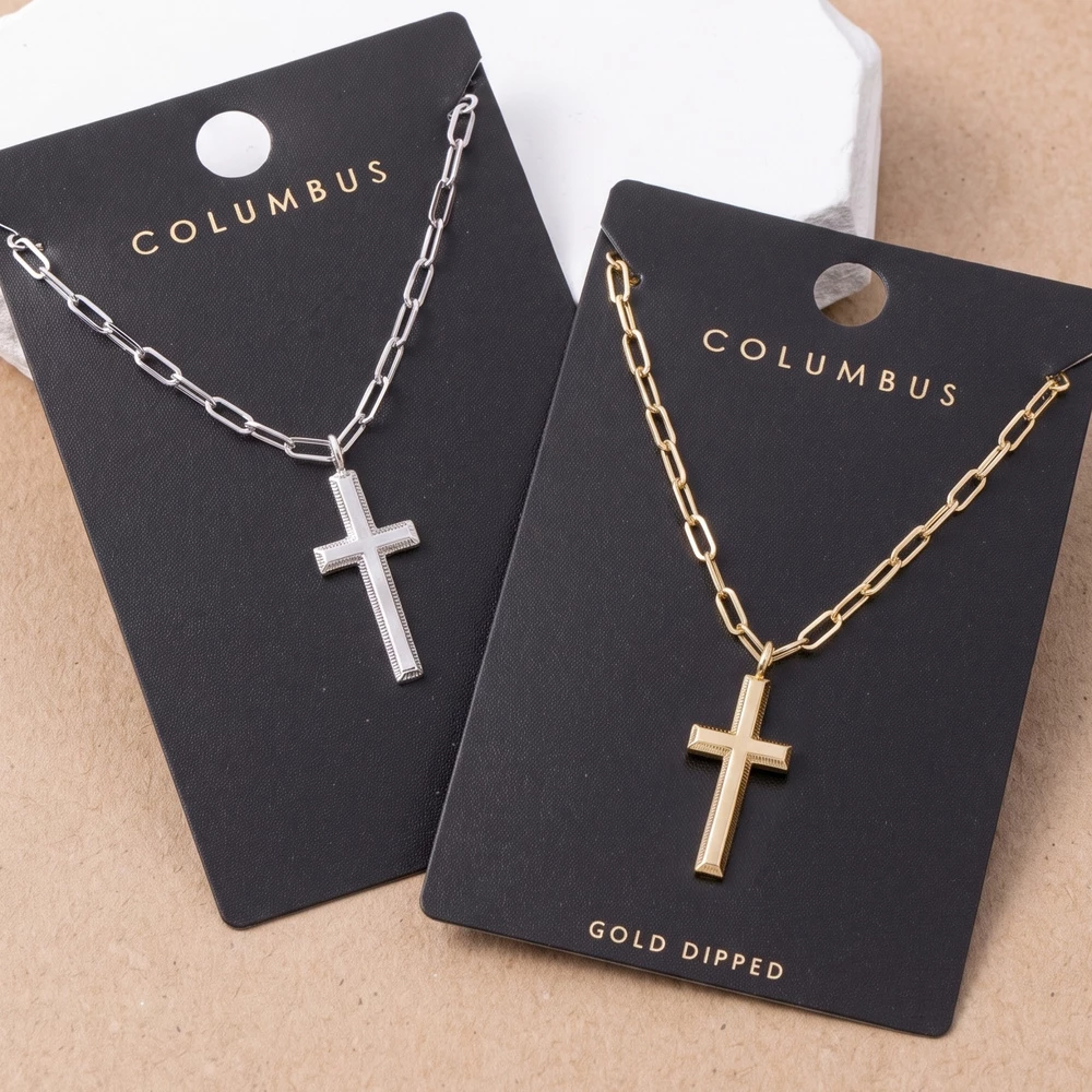 Beveled Cross Pendant Paperclip Chain Necklace
