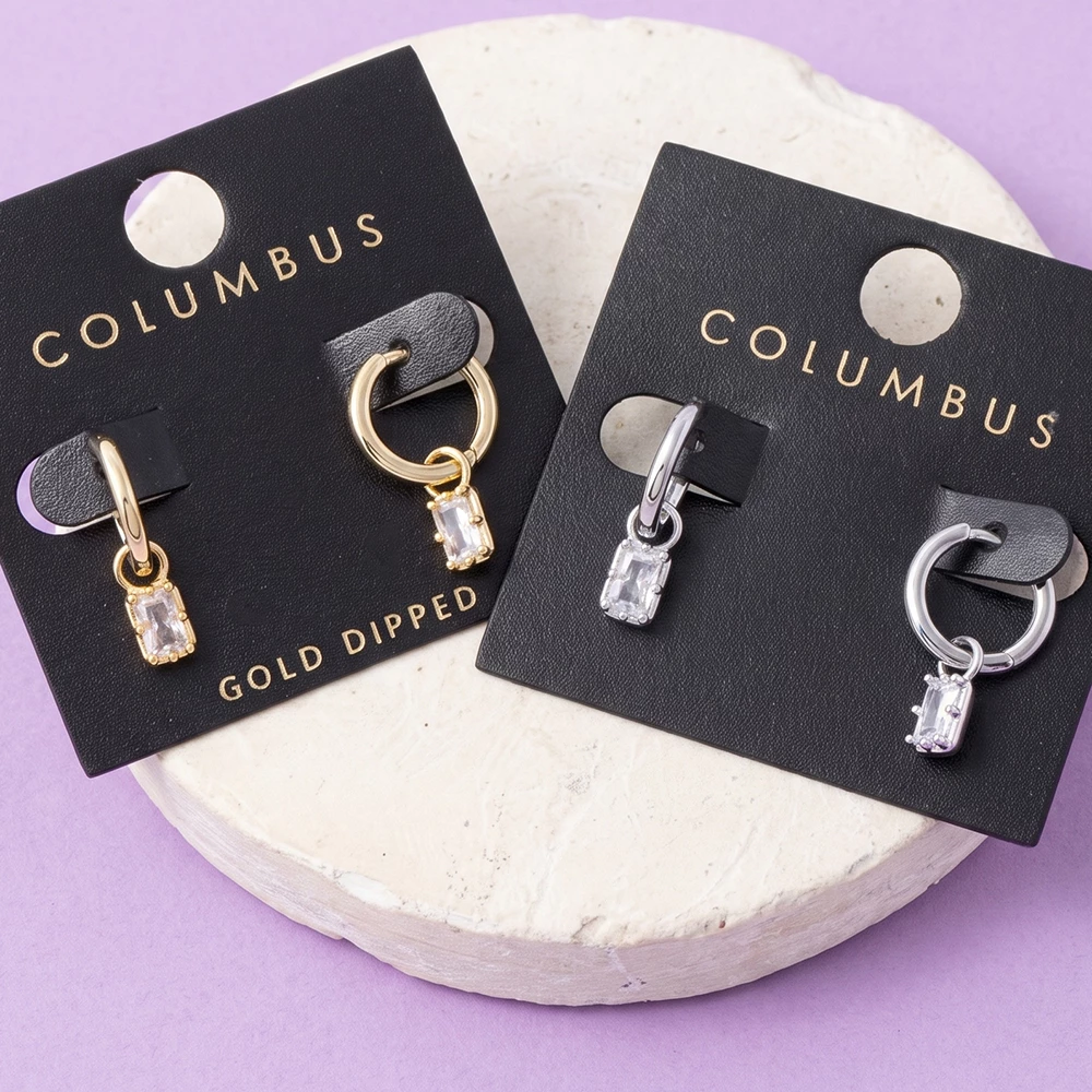 Polished Hoop With Step Cut Cz Charm Earrings