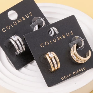 Gold Dipped Oval Cz Triple Row Huggie Hoop Earrings