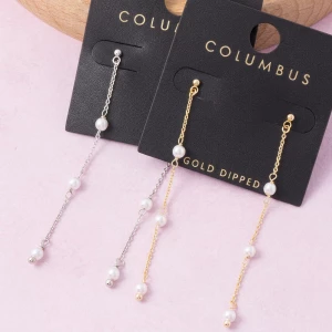 Gold Dipped Pearl Station Chain Linear Drop Earrings