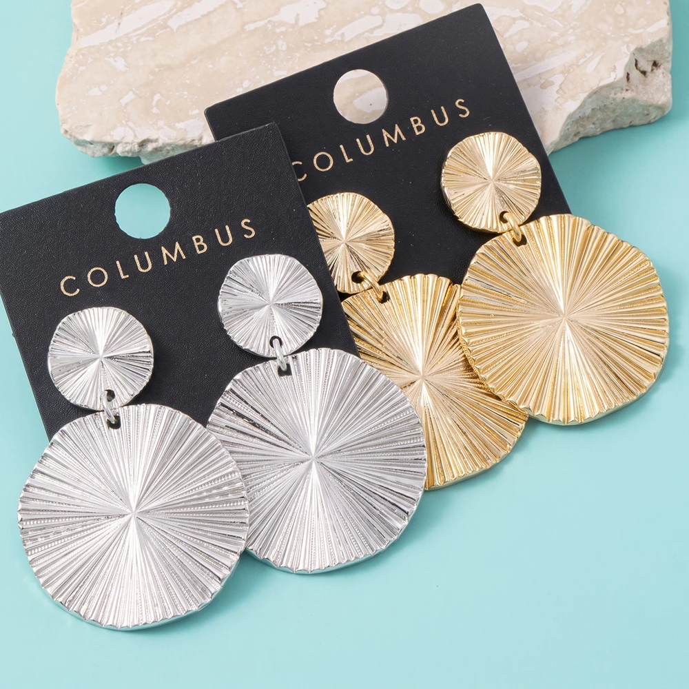 Gold Dipped Ribbed Sunburst Disc Drop Earrings