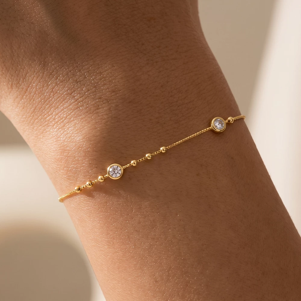 Gold Dipped Cz Station Beaded Box Chain Bracelet